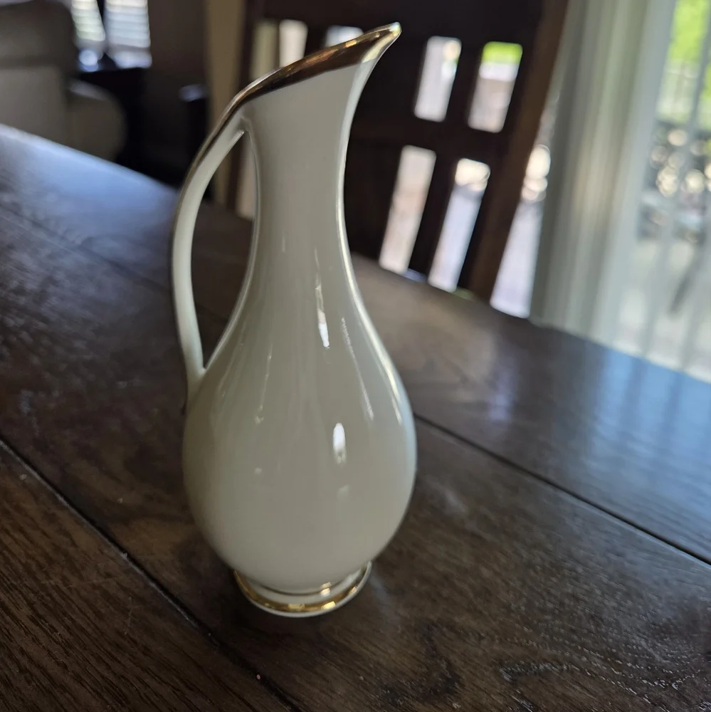 Mid Century Asymetic Floral Vase With Handle Floral With Gold Trim